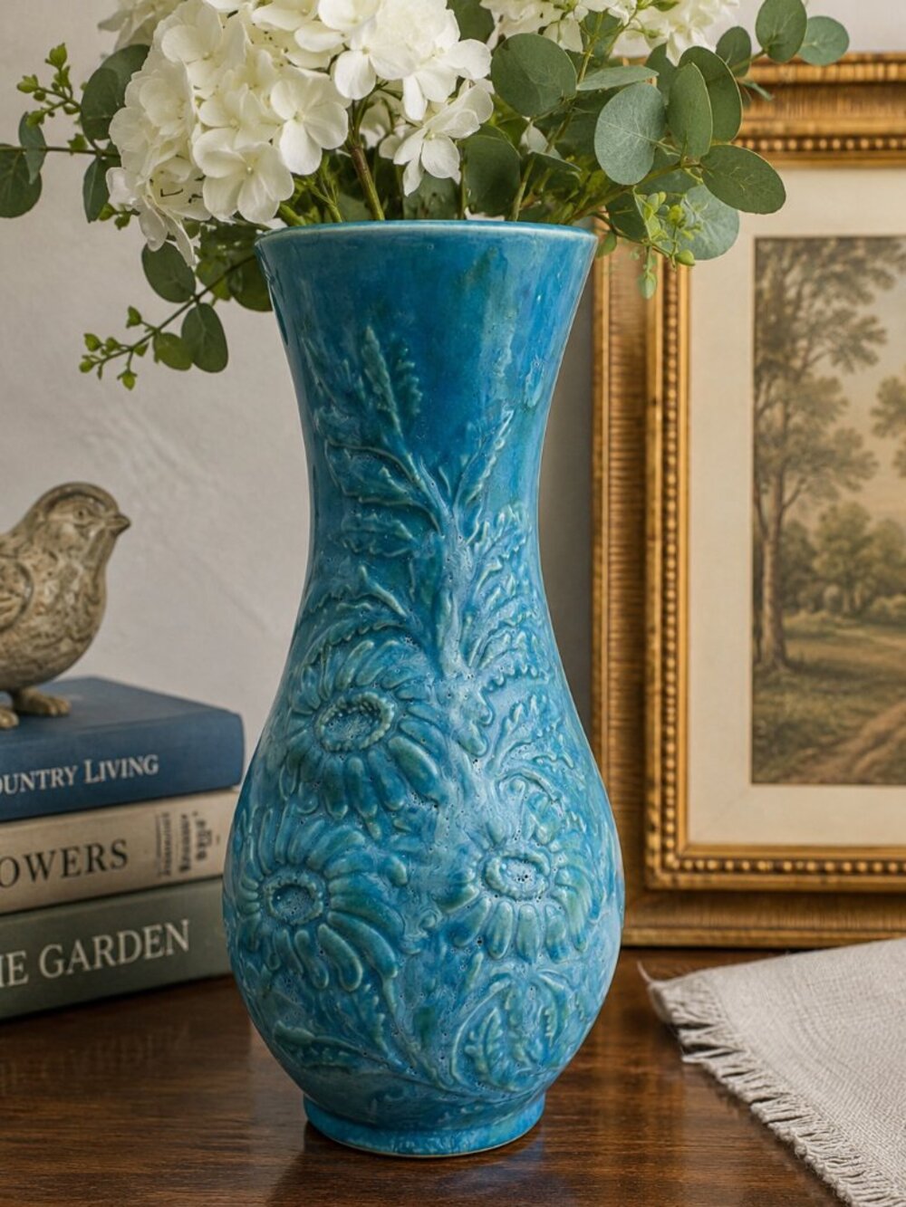 VTG Holland Mold Floral Art Pottery Vase Signed MSB – Blue Relief Flower Vase
